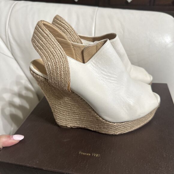 Authentic GUCCI Off White Leather Raffia Jute Wedge Heel Slingback Sandals Sz 39 - Picture 7 of 13